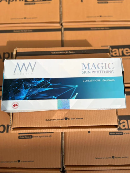 Box of Magic Skin Whitening product on a stack of cardboard boxes